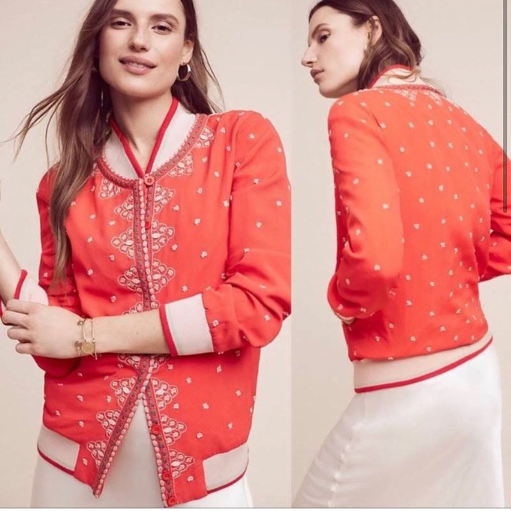 Anthropologie Conditions Apply Arabella Embroidered Red Bomber Jacket Size Small